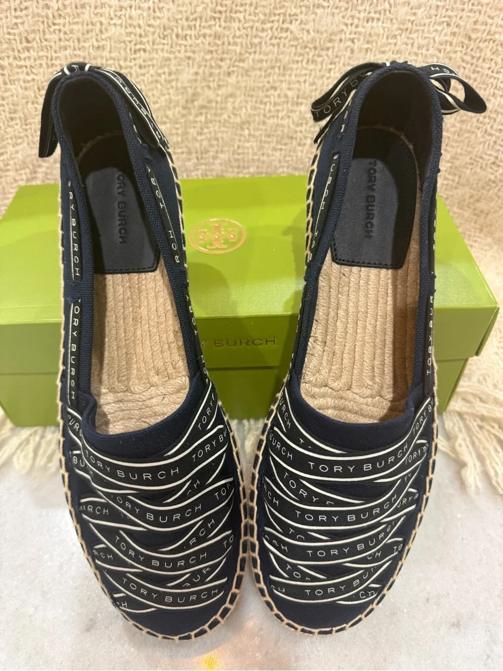 Tory Burch Ribbon Espadrille Flats Navy NIB Size 9.5 M